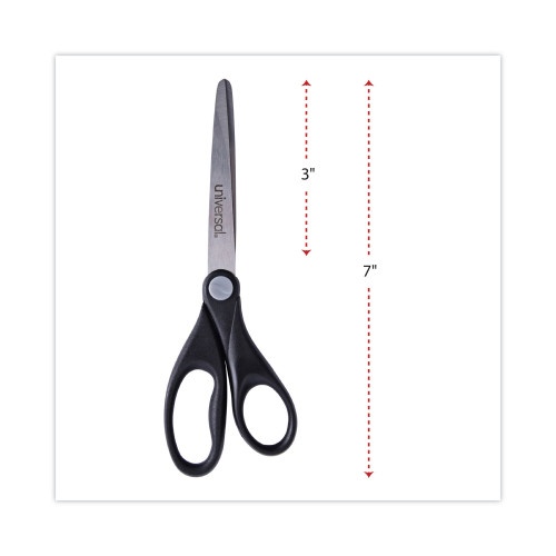 Universal Stainless Steel Office Scissors, Pointed Tip, 7" Long, 3" Cut Length, Black Straight Handle