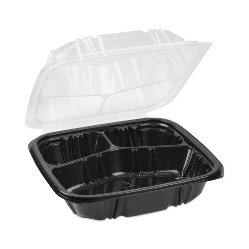 Pactiv Earthchoice Vented Dual Color Microwavable Hinged Lid Container, 33Oz, 8.5X8.5X3, 3-Compartment, Black/Clear, Plastic, 150/Ct