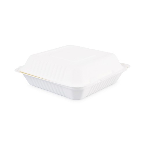 Boardwalk Bagasse Food Containers, Hinged-Lid, 1-Compartment 9 X 9 X 3.19, White, Sugarcane, 100/Sleeve, 2 Sleeves/Carton