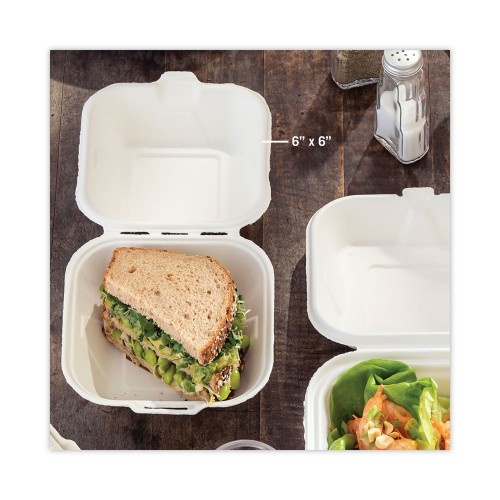 Pactiv Earthchoice Bagasse Hinged Lid Container, Single Tab Lock, 6" Sandwich, 5.8 X 5.8 X 3.3, Natural, Sugarcane, 500/Carton