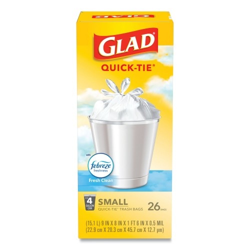 Glad Odorshield Quick-Tie Small Trash Bags, 4 Gal, 0.5 Mil, 8" X 18", White, 156/Carton