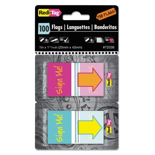 Redi-Tag Pop-Up Fab Page Flags W/Dispenser, "Sign Me!", Red/Orange, Teal/Yellow, 100/Pack