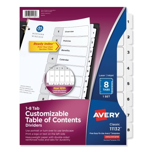 Avery Customizable Toc Ready Index Black And White Dividers, 8-Tab, 1 To 8, 11 X 8.5, 1 Set