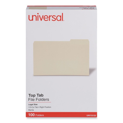 Universal Top Tab File Folders, 1/3-Cut Tabs: Right Position, Legal Size, 0.75" Expansion, Manila, 100/Box