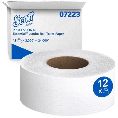 Scott Essential Jrt Jumbo Roll Bathroom Tissue, Septic Safe, 1-Ply, White, 3.55" X 2,000 Ft, 12 Rolls/Carton