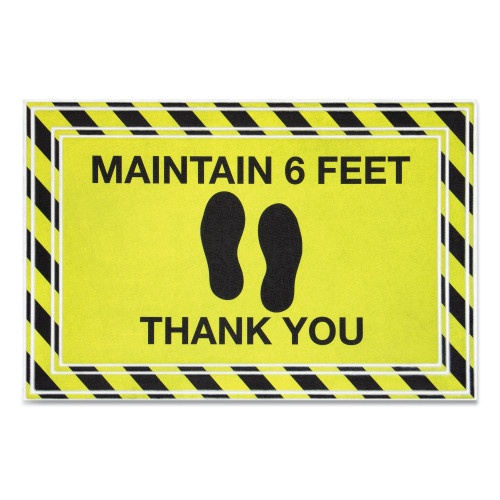 Apache Mills Message Floor Mats, 24 X 36, Black/Yellow, "Maintain 6 Feet Thank You"