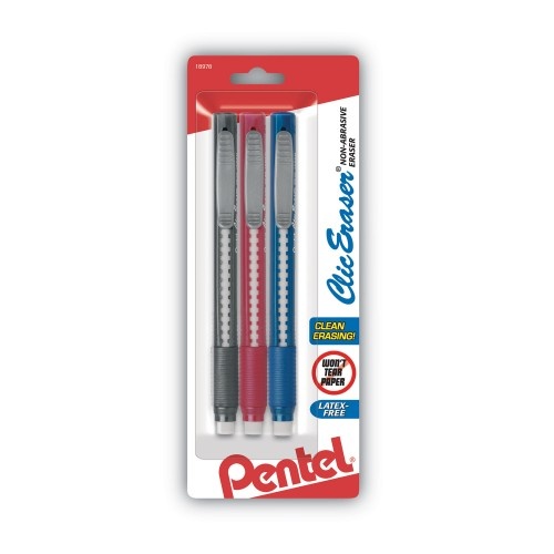 Pentel Clic Eraser Grip Eraser, For Pencil Marks, White Eraser, Randomly Assorted Barrel Color, 3/Pack