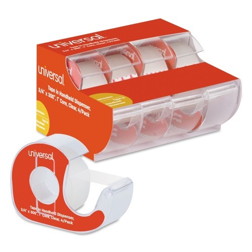 Universal Invisible Tape With Handheld Dispenser, 1" Core, 0.75" X 25 Ft, Clear, 4/Pack