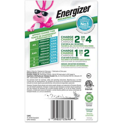Energizer Recharge Universal Charger For Nimh Rechargeable Aa, Aaa, C, D, And 9V Batteries