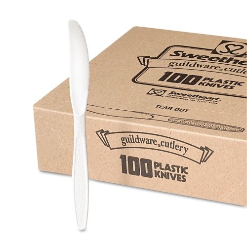 Solo Guildware Extra Heavyweight Plastic Cutlery, Knives, White, 100/Box, 10 Boxes/Carton