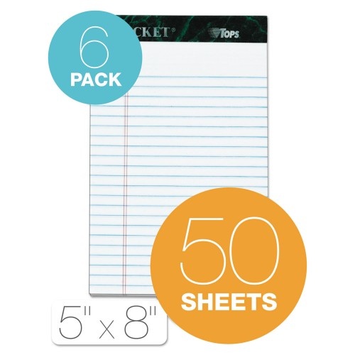 Tops Docket Ruled Perforated Pads, Narrow Rule, 50 White 5 X 8 Sheets, 6/Pack