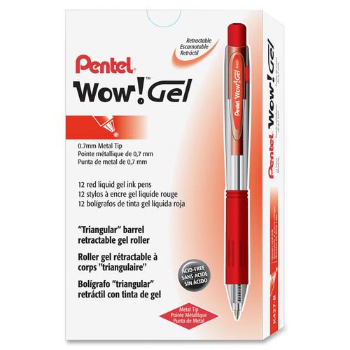 Pentel Wow! Gel Pen, Retractable, Medium 0.7 Mm, Red Ink, Clear/Red Barrel, Dozen