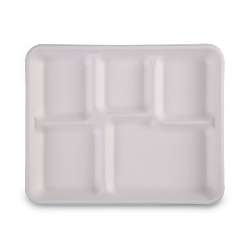 Boardwalk Bagasse Dinnerware, 5-Compartment Tray, 10 X 8, White, 500/Carton