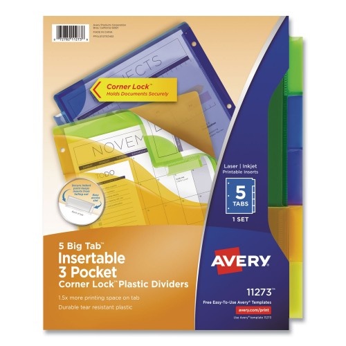 Avery Insertable Big Tab Plastic Three-Pocket Corner Lock Dividers, 5-Tab, 11.13 X 9.25, Assorted, 1 Set