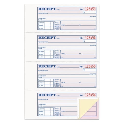 Adams Receipt Book, Three-Part Carbonless, 7.19 X 2.75, 4 Forms/Sheet, 100 Forms Total