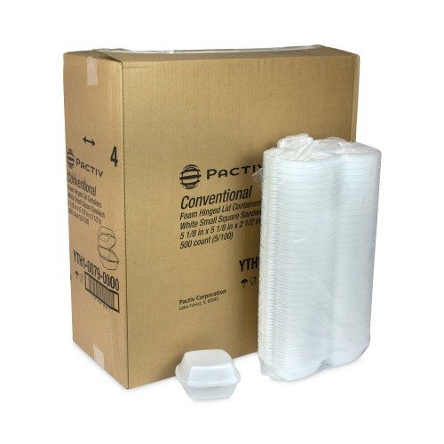 Pactiv Foam Hinged Lid Container, Single Tab Lock, 5.13 X 5.13 X 2.5, White, 500/Carton