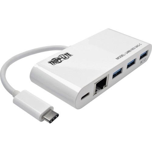Tripp Lite 3-Port Usb-C Hub With Lan Port And Power Delivery, Usb-C To 3X Usb-A Ports And Gbe, Usb 3.0, White