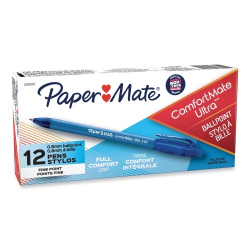 Paper Mate Comfortmate Ultra Ballpoint Pen, Retractable, Fine 0.8 Mm, Blue Ink, Blue Barrel, Dozen
