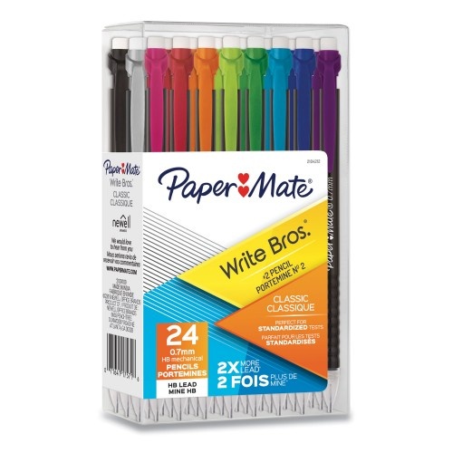 Paper Mate Write Bros Mechanical Pencil, 0.7 Mm, Hb (#2), Black Lead, Black Barrel With Assorted Clip Colors, 24/Pack
