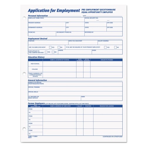 Tops Employee Application Form, One-Part (No Copies), 11 X 8.38, 50 Forms/Pad, 2 Pads/Pack