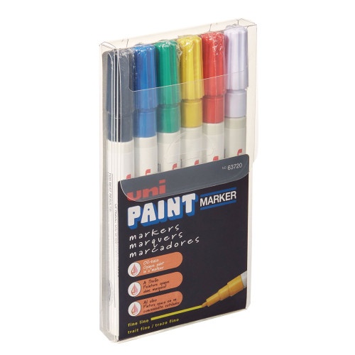 Uni Paint Permanent Marker, Fine Bullet Tip, Assorted Colors, 6/Set