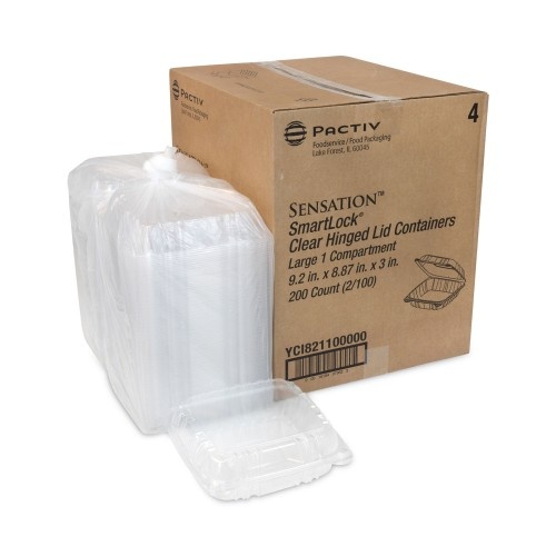 Pactiv Sensation Smartlock Hinged Lid Container, 9.21 X 8.87 X 3.07, Clear, Plastic, 200/Carton