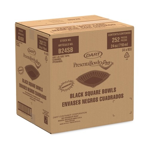 Dart Presentabowls Pro Black Square Bowls, 24 Oz, 8.5 X 8.5 X 1.8, Plastic, 63/Bag, 4 Bags/Carton