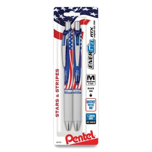Pentel Energel Rtx Stars And Stripes Gel Pen, Retractable, Medium 0.7 Mm, Black Ink, Red/White/Blue Barrel, 2/Pack