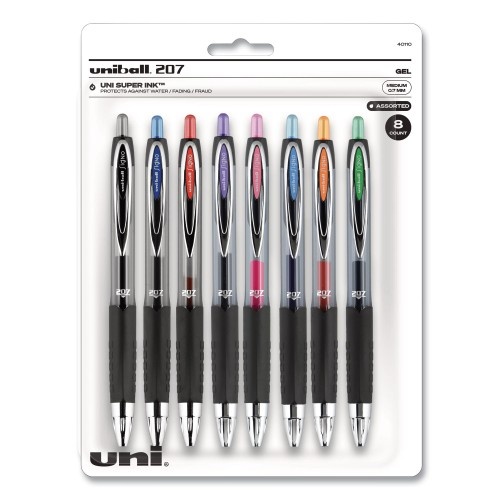Uni-Ball Signo 207 Gel Pen, Retractable, Medium 0.7 Mm, Assorted Ink Colors, Black Barrel, 8/Pack