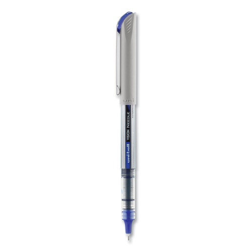 Uni-Ball Vision Needle Roller Ball Pen, Stick, Fine 0.7 Mm, Blue Ink, Silver Barrel, Dozen