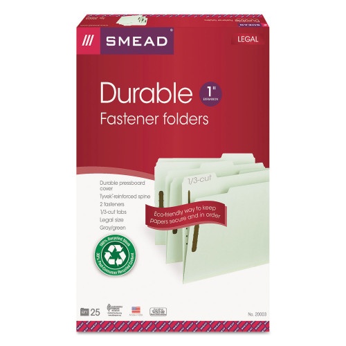 Smead Recycled Pressboard Fastener Folders, 1" Expansion, 2 Fasteners, Legal Size, Gray-Green Exterior, 25/Box