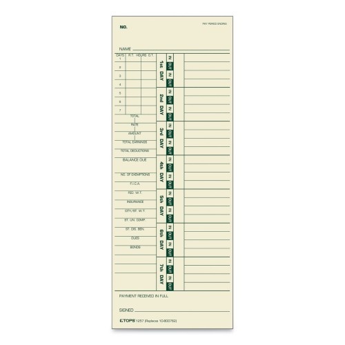 Tops Time Clock Cards, Replacement For 10-800762, Two Sides, 3.5 X 9, 500/Box