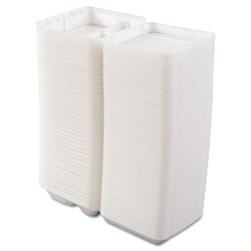 Dart Foam Hinged Lid Container, 3-Compartment, 8 oz, 9 x 9.4 x 3, White, 200/Carton