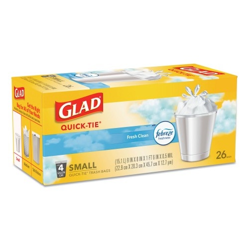 Glad Odorshield Quick-Tie Small Trash Bags, 4 Gal, 0.5 Mil, 8" X 18", White, 156/Carton