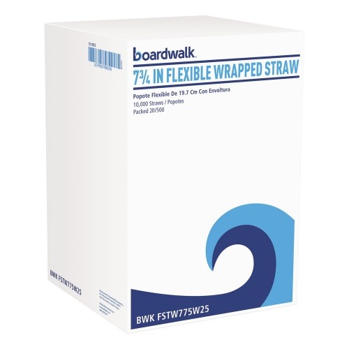 Boardwalk Flexible Wrapped Straws, 7.75", Plastic, White, 500/Pack, 20 Packs/Carton