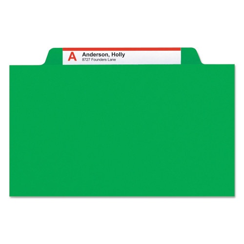 Smead Top Tab Classification Folders, Four Safeshield Fasteners, 2" Expansion, 1 Divider, Letter Size, Green Exterior, 10/Box