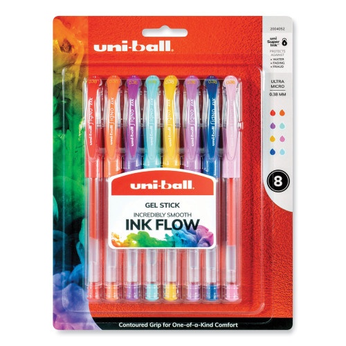 Uni-Ball Gel Pen, Stick, Micro 0.38 Mm, Assorted Ink Colors, Clear Barrel, 8/Pack