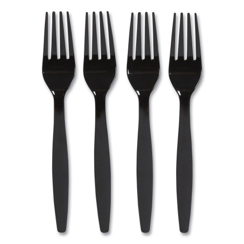 Perk Heavyweight Plastic Cutlery, Fork, Black, 100/Pack
