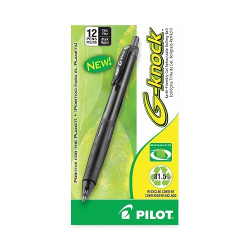 Pilot G-Knock Begreen Gel Pen, Retractable, Fine 0.7 Mm, Black Ink, Black Barrel, Dozen
