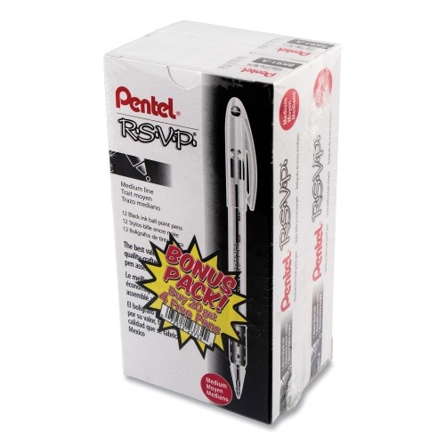 Pentel R.S.V.P. Ballpoint Pen Value Pack, Stick, Medium 1 Mm, Black Ink, Clear/Black Barrel, 24/Pack