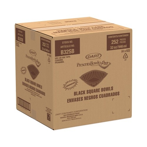 Dart Presentabowls Pro Black Square Bowls, 32 Oz, Plastic, 63/Bag, 4 Bags/Carton