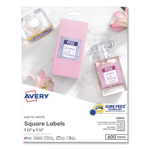 Avery Square Labels With Sure Feed And Trueblock, 1.5 X 1.5, White, 600/Pack