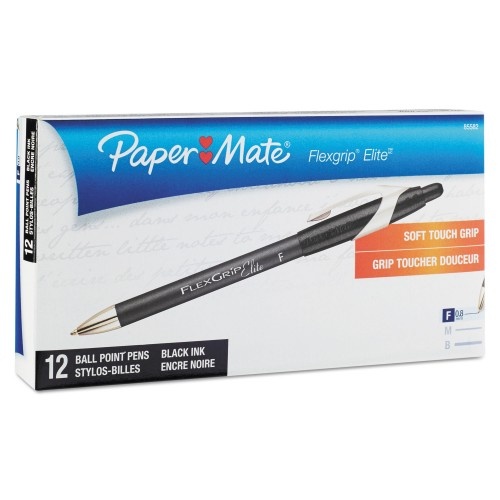 Paper Mate Flexgrip Elite Ballpoint Pen, Retractable, Fine 0.8 Mm, Black Ink, Black Barrel, Dozen