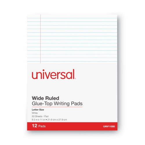 Universal Glue Top Pads, Wide/Legal Rule, 50 White 8.5 X 11 Sheets, Dozen