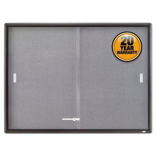 Quartet Enclosed Indoor Cork And Gray Fabric Bulletin Board With Two Sliding Glass Doors, 48 X 36, Graphite Gray Aluminum Frame