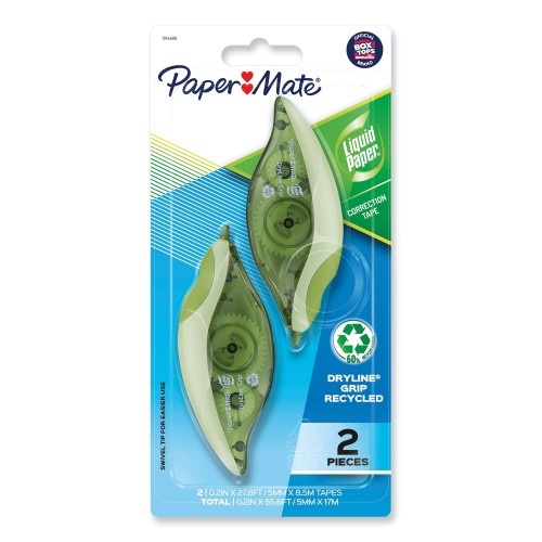 Paper Mate Dryline Grip Correction Tape, Recycled Dispenser, Green/White Applicator, 0.2" X 335", 2/Pack