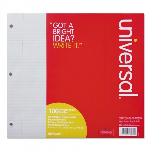 Universal Filler Paper, 3-Hole, 8.5 X 11, Medium/College Rule, 100/Pack