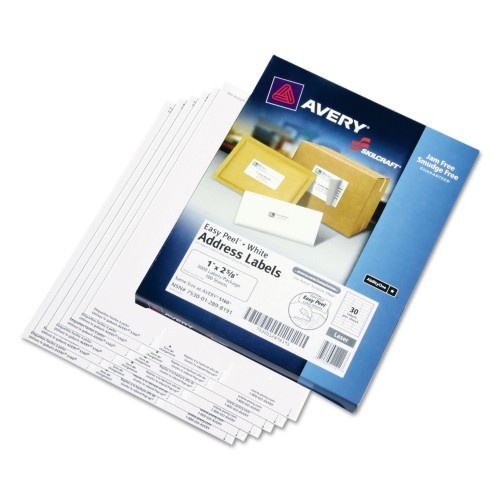 Abilityone 753001 Skilcraft Laser Labels, Laser Printers, 1 X 2.63, White, 30/Sheet, 100 Sheets/Box