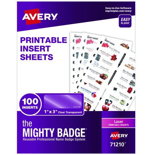 Avery The Mighty Badge Name Badge Inserts, 1 x 3, Clear, Laser, 20/Sheet, 5 Sheets/Pack