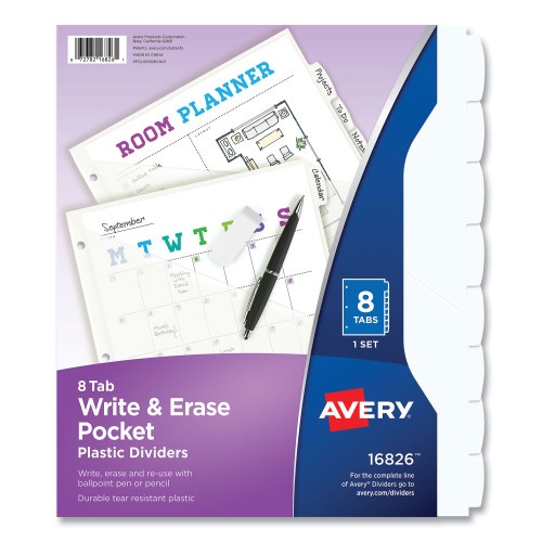 Avery Write and Erase Durable Plastic Dividers with Straight Pocket, 8-Tab